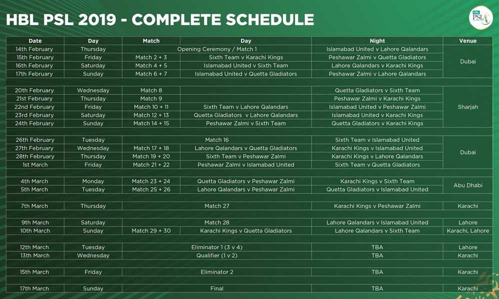 PSL 2019 Schedule, Fixture & Results