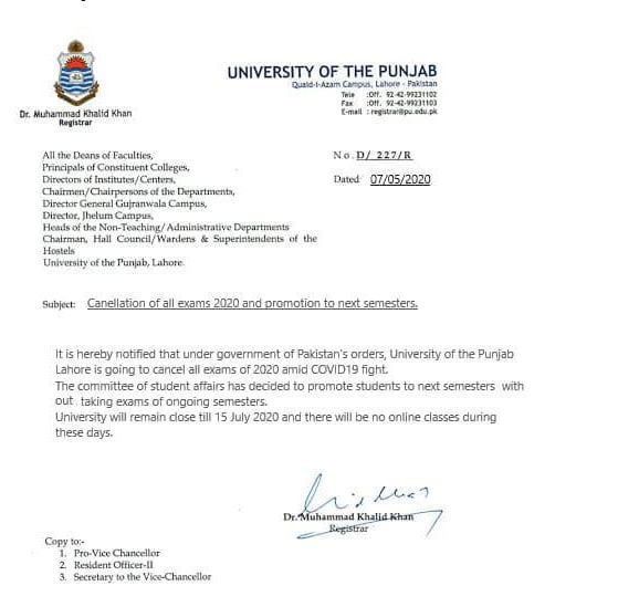 Punjab University Announced Cancellation of All Exams - PU Notification of Exam cancellation