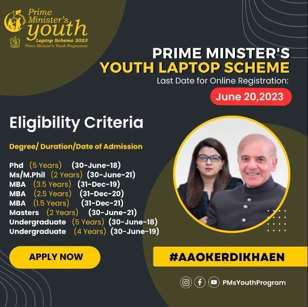 Prime Minister Shahbaz Sharif Youth Laptop Scheme deadline or last date is 20 June 2023